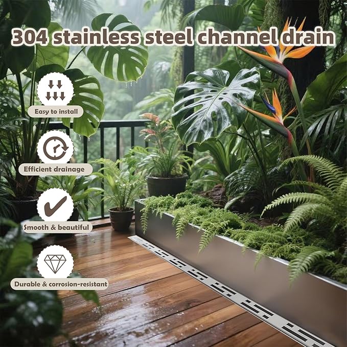 Pool Deck Drain Channel, 2.3" W x 19.6' L, 304 Stainless Steel Channel Drain Outdoor, Deck Drainage System with Coupling, Trench Drain System for Pool Decks, Patios,Walkways, Courtyards, Paver.