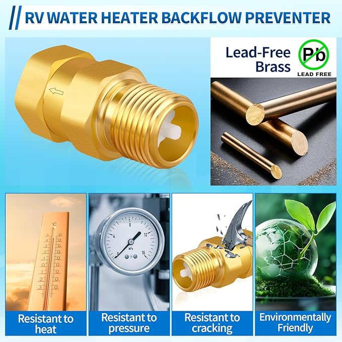 RV Water Heater Check Valve, 1/2" NPT Male to Female Thread Hot Water Heater Backflow Preventer, Lead-Free Brass Plumbing Backflow Check Valve for RV, Camper, Motorhome, Trailer