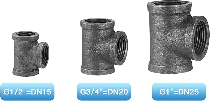 1/2" Pipe Fitting Tee, 20 Pack DN15 Gray Threaded Cast Malleable Iron Tee for Steampunk Vintage Shelf Bracket DIY Plumbing Pipe Decor Furniture (20, 1/2")