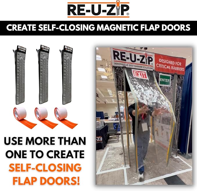 RE-U-ZIP® Self-Closing Magnetic Entry Strip | Hands-Free Dust Barrier Zipper Alternative for Plastic Sheeting | Reusable, Custom Placement & Works Under Negative Air | Starter KIT