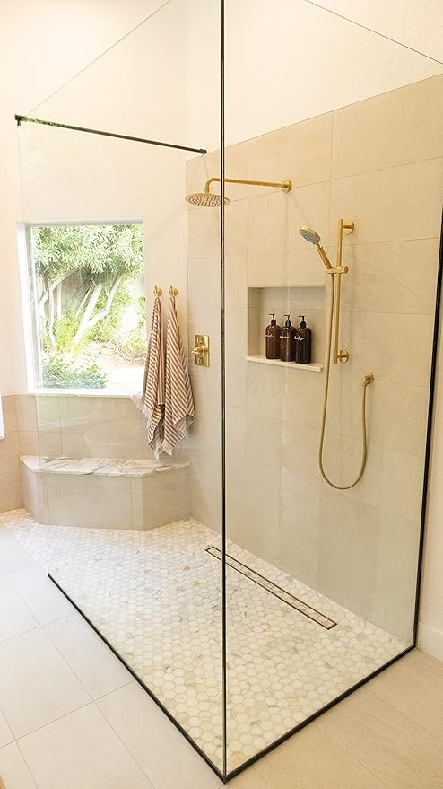 All-in-one Waterproof Linear Shower Drain Kit with 48 Inch Center Outlet Channel Body (KL1V60E120) and Drain Grate Assembly (Cover) in Solid Design with Brushed Stainless Steel Finish (KL1AR19EB120)