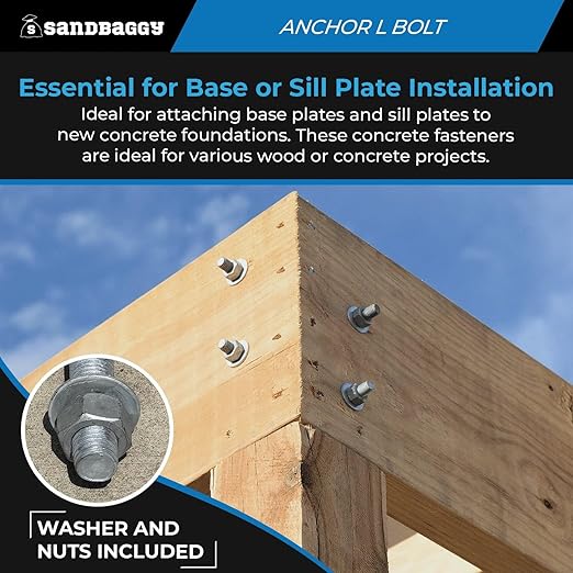 Sandbaggy 5/8" X 8" Threaded Concrete Anchor L-Bolts (Nuts & Washers Included) - Hot Dipped Galvanized - Sill Plate, Base Plate, Masonry, Wood, Cement Anchors, J Bolt (450, 5/8" x 8")