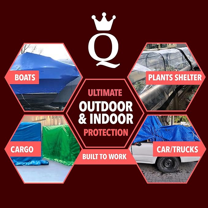 QUEEN OF TARPS Waterproof Heavy Duty 8x10 Tarp, 120 GSM 12 MIL, UV/Tear Resistant for Camping, Outdoor Furniture, Car, Tents, Painting, Firewood Protection