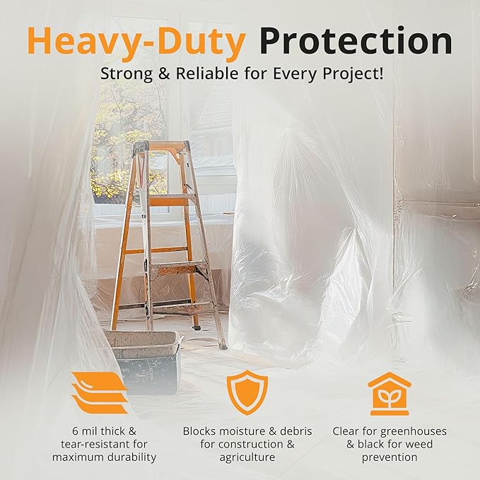 PRIMAX 6 mil Plastic Sheeting (10'x25') – Waterproof, UV Resistant, Heavy Duty Thick Plastic Sheeting Roll for Greenhouse, Farm, Agriculture, Gardening, Construction, Vapor Barrier Covering, Opaque
