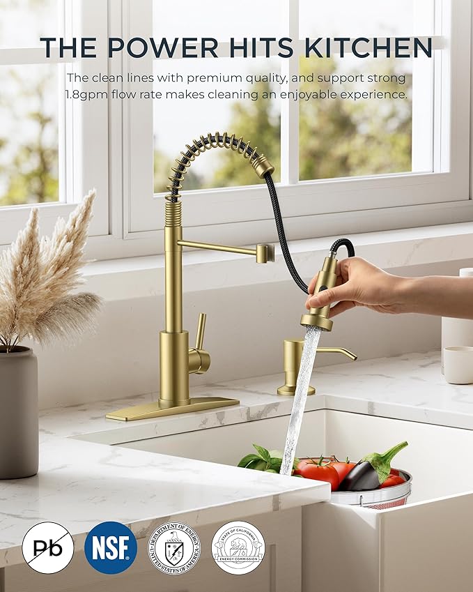 FORIOUS Kitchen Faucet with Soap Dispenser, Gold Stainless Steel Spring Sink Faucet with Pull Down Sprayer Transitional Single Handle for Pot Filler, Farmhouse Camper Bar Laundry Room