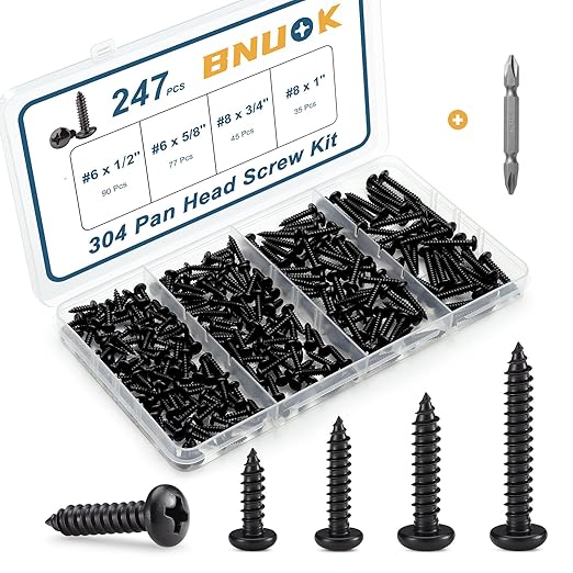 247Pcs Pan Head Wood Screws Assortment Kit, #6#8 Black Oxide Stainless Steel 304 Self Tapping Screws Set, Phillips Drive, Sheet Metal Screws