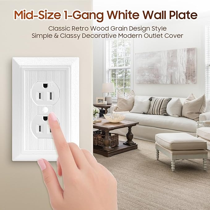 Classic Retro Wood Grain Design Style, 12-Pack White Outlet Covers Plate, Modern Decorative Electric Receptacle Light Switch Cover Plates (1-Gang Duplex Mid-Size)