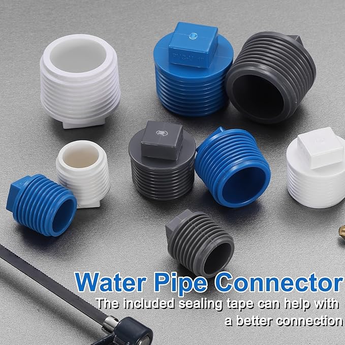 uxcell 10Pcs 1/2 Inch PT Male Thread PVC Pipe Fitting Plug, Cleanout Plugs, Water Drain End Caps Coupling Adapter with Tape for Water Heater Supply Lines, Plumbing, White