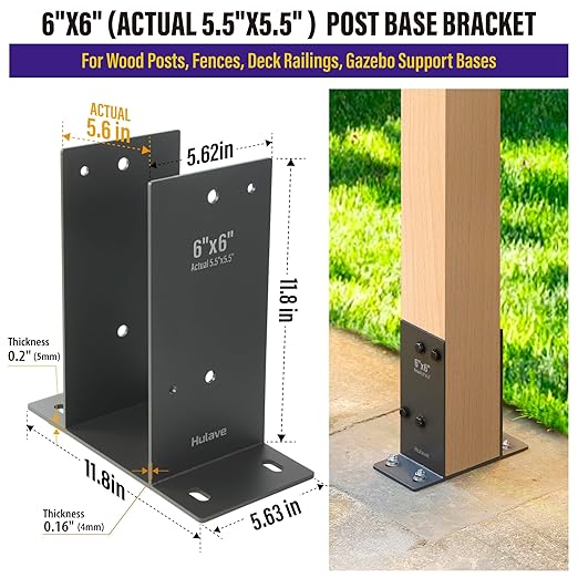 Hulave 4Pack Stainless Steel 6 x 6 (Actual: 5.5" x 5.5") Post Base, Suitable for Terrace Railing, Fence, Gazebo, Porch, etc Concrete Support Anchor Base Post Anchor Bracket (Dark Gray)