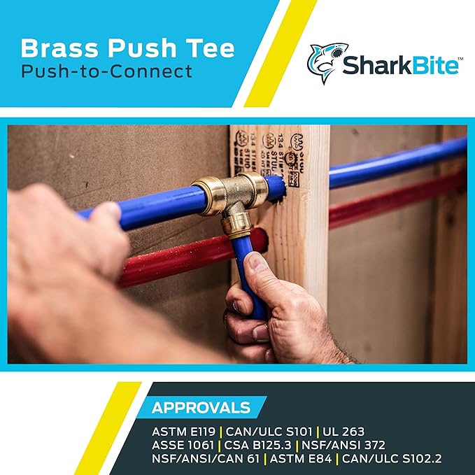 SharkBite 3/4 Inch Tee, Push to Connect Brass Plumbing Fitting, PEX Pipe, Copper, CPVC, PE-RT, HDPE, U370LFA