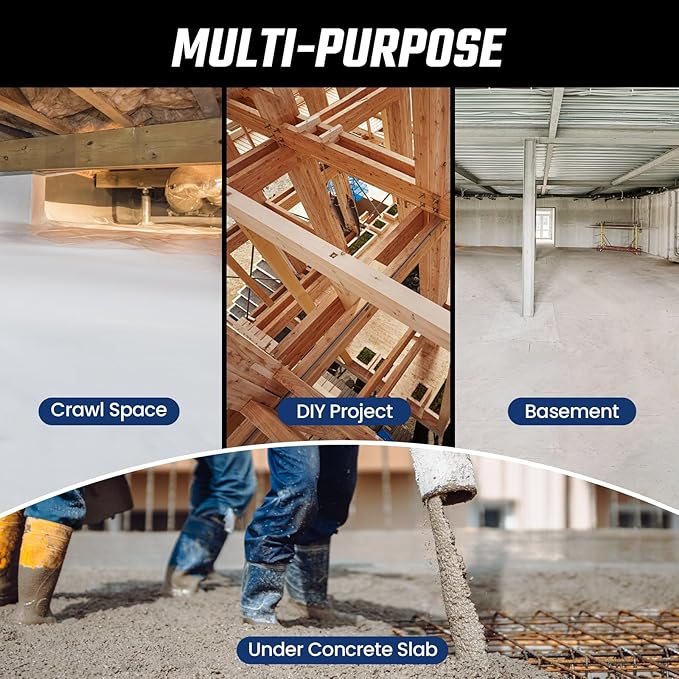 Crawl Space Vapor Barrier - 15 Mil Vapor Barrier - (12' x 12'), Tear Resistant, Heavy Duty Vapor Barrier Plastic, Drop Cloth Moisture Barrier Plastic Sheeting Covering for Crawlspace Encapsulation
