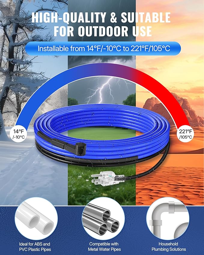 12Ft Water Pipe Heating Cable, 5W Constant Power Self-Regulating Heating Cable, 5W/FT, IPX7 Waterproof, Auto-On/Off, for Metal and Plastic Water Pipes, Freeze Protection, 120V U12HC06