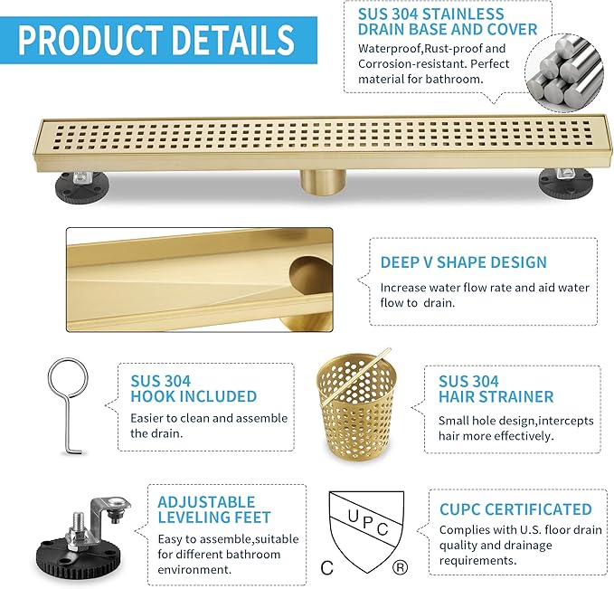 Linear Shower Drain 28 Inch Rectangular, Brushed Gold Shower Drain, 51L/Min Fast Drainage SUS-304 Stainless Steel Floor Linear Drain, US Standard CUPC Certified, Zirconium Gold, SD-112-28ZG