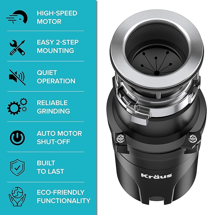 KRAUS WasteGuard 1/2 HP Continuous Feed Ultra-Quiet Motor Garbage Disposal with Quick Connect Mount, Power Cord and Flange Included, KWD110-50MBL