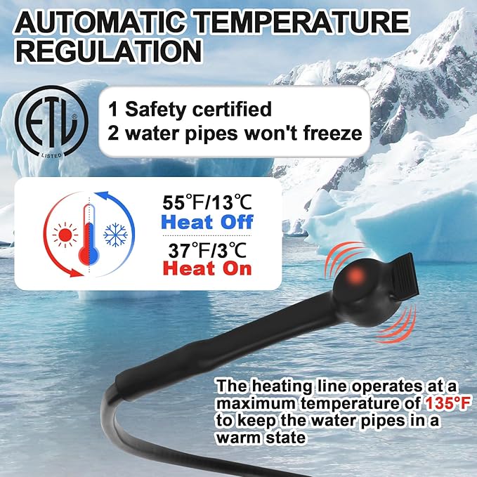 24FT Self-Regulating Pipe Heating Cable with Thermostat,Heat Tape for Water Pipe Freeze Protection,Pipes Heating Trace System for Home Supply Pipes,120V 5W/FT
