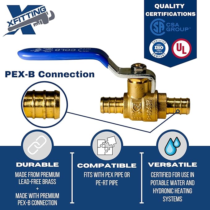 XFITTING 100 Pieces 1/2" Pex Ball Valve Blue/Cold, 24-2-2=100X
