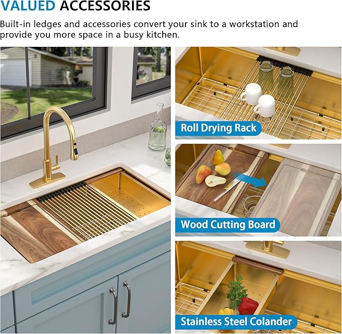 33 Undermount Kitchen Sink Gold - Fulorni 33"x19" Kitchen Sink Brushed Gold NANO-PVD Ledge Workstation 16 Gauge 304 Stainless Steel Under Counter Single Bowl Basin