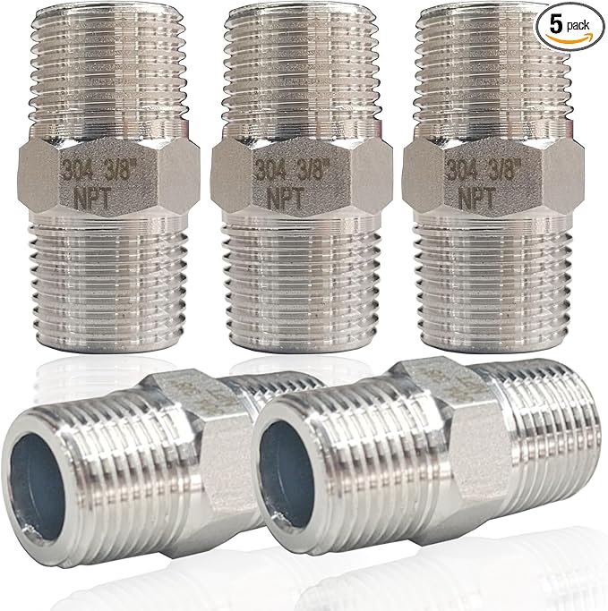 ZOUNI 5PCS Hex Nipple 3/8" Male x 3/8" Male Pipe Fittings, 304 Stainless Steel NPT 3/8 inch Male Threaded Pipe Adapter Fittings Equal Nipples Connectors, Male Straight Connector Pipe Fitting