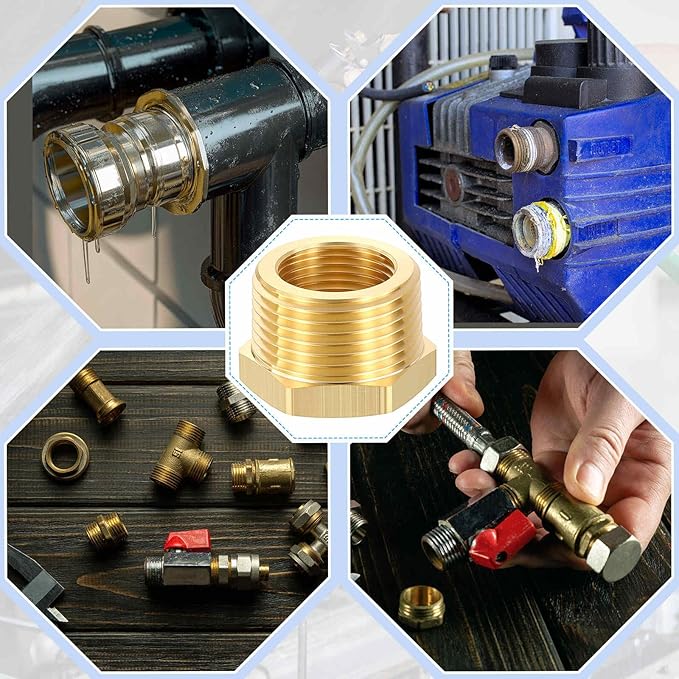 2 Pack Brass Pipe Fittings, 1" Male NPT to 3/4" FeMale NPT Brass Hex Bushing Reducer, Hose Tube Threaded Adapter Suitable for Air, Oil, LP, Gas