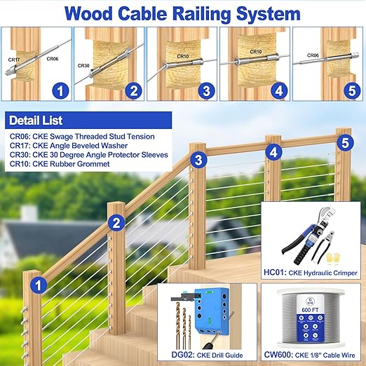 CKE 100 Pack Cable Railing Kit - Hand Swage Threaded Stud Tensioner for 1/8" Cable - 2x2 Wood/Metal Post Deck Stair Hardware Terminal, T316 Stainless Steel