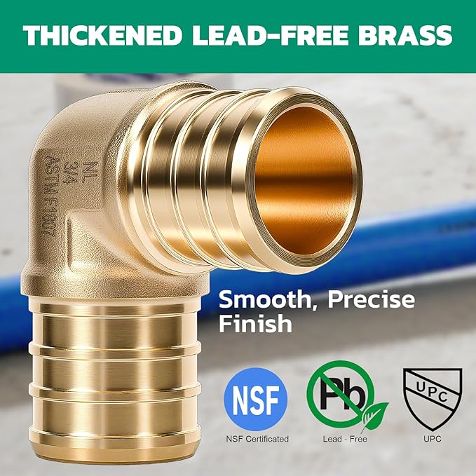 PEX Fittings 3/4 Inch, 24PCS Elbow Lead-Free Brass Connectors for PEX B Pipe, NSF UPC Certified, ASTM F1807, Compatible with Crimp/Clamp Rings (Hot/Cold Water, Hydronic Heating)