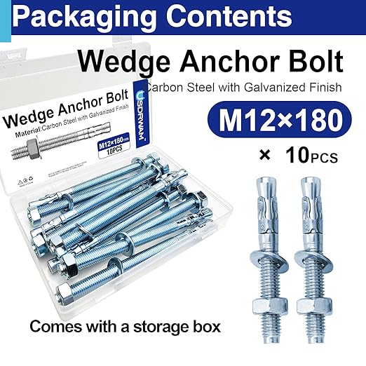 10Pcs 1/2" × 7" Concrete Anchor Bolts, Zinc Plated Carbon Steel Wedge Anchors for Cement, Brick, and Masonry