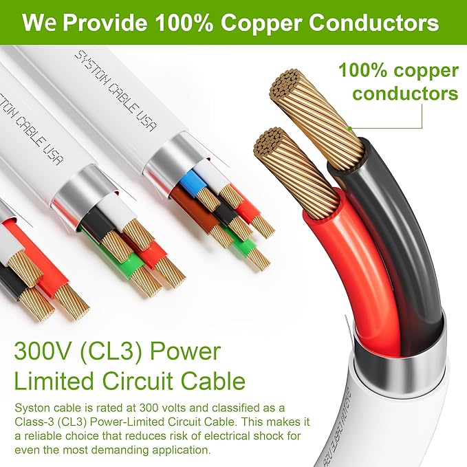 SYSTON 18/2 Fire Security Burglar Station Sound Alarm Control Cable Wire, Plenum-Rated CMP/CL3P Shielded 100% Copper Stranded UL/ETL,UV Resistant RoHS for Indoor/Outdoor Low Voltage Applications Use