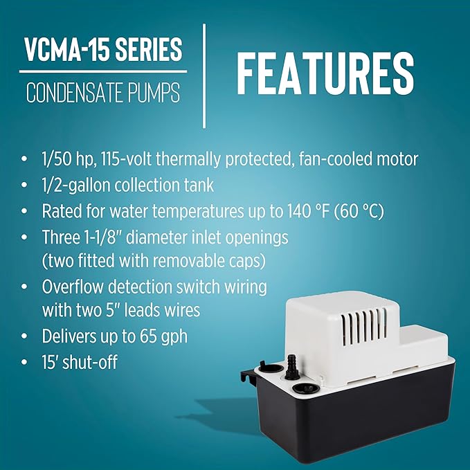 Little Giant VCMA-15ULST 115 Volt, 65 GPH, 1/50 HP Automatic Condensate Removal Pump for HVAC/Refrigeration Systems/Dehumidifiers with Overflow Detection Switch and 20-Foot Tubing, Black/White, 554415