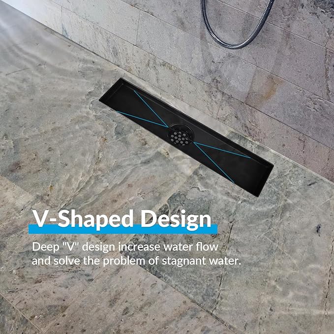 12 Inch Removable Cover Linear Shower Drain 304 Stainless Steel Rectangular Floor Drain for Kitchen Bathroom Square Hole Drain with Accessories Hair Strainer Adjustable Leveling Feet (Matte Black)