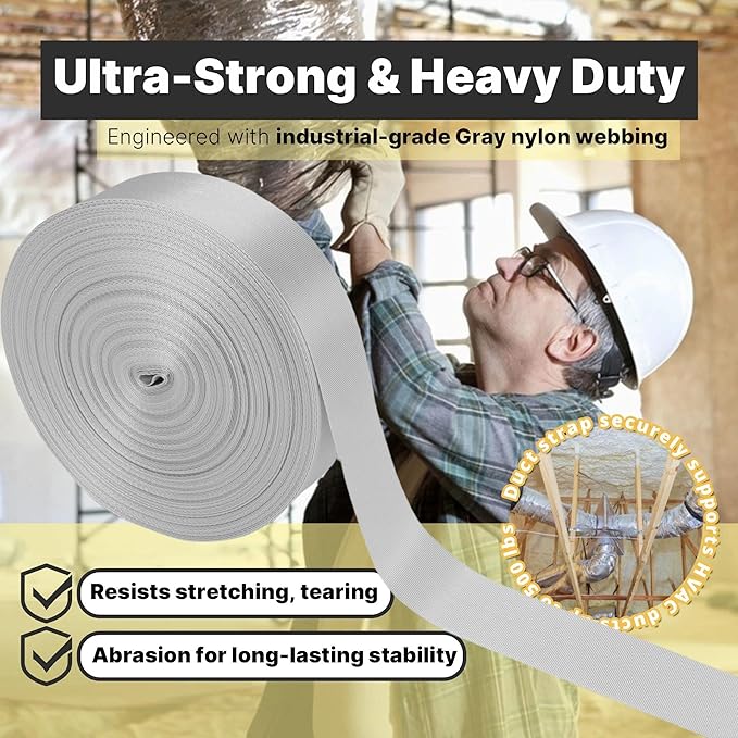 2 Pack Heavy Duty Duct Strap – 1.95 in x 147 ft Grey Nylon Strapping for HVAC Duct, Durable Wrap Support Band for Building & Home Improvement