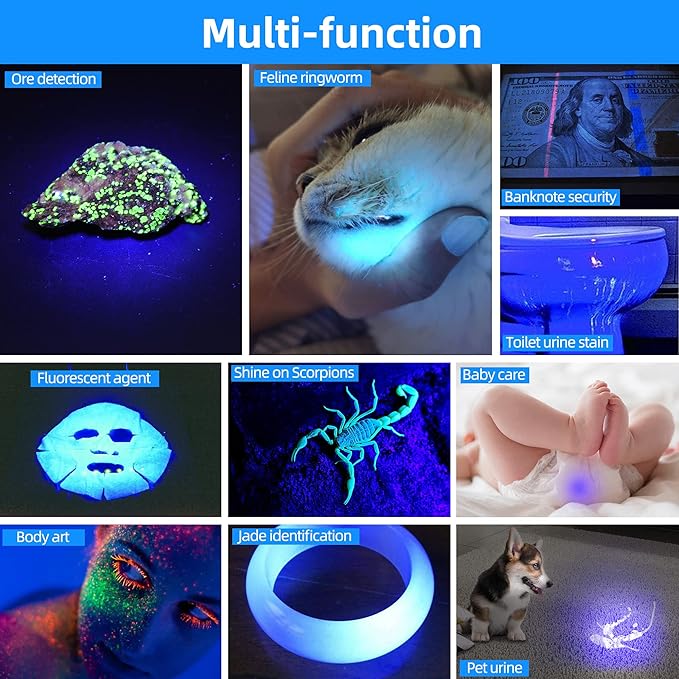 DARKDAWN UV 365nm Black Lights Mini Flashlight USB Rechargeable, Woods Lamp Portable LED Ultraviolet Pocket 370nm - Blacklight for Cat Urine Detection, Stains, Uranium Glass, Leak Detection, V4 365 nm