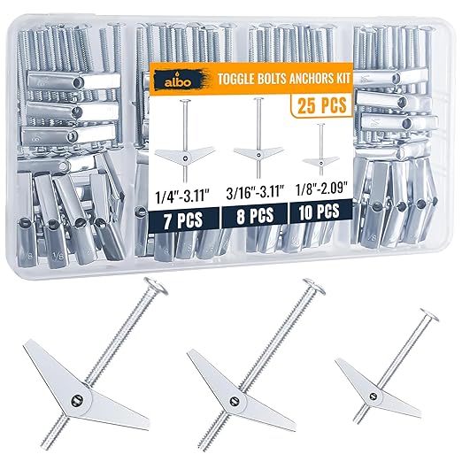 ALBO 25-Piece Heavy Duty Hollow Wall Anchors Kit for Drywall Ceilings with Screw Spring/Includes Toggle Bolts and Wing Nut Assortment in 3 Sizes (1/8in, 3/16in, 1/4in)