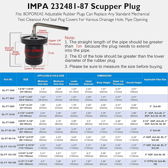 Expandable Mechanical Seal, Cleanout Pipe Plug-Rubber Expansion Scupper Plugs & Removable Stainless Steel Allen Wrench Handle,1-7/8 to 2-1/4 in Sewer Cap Cover, Winterizing Pool Boat Plugs