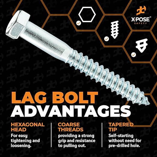 xpose safety Concrete Anchors Set with 4"" Lag Bolt, Lag Shield and Washer - 12 Sets per Pack - 1/2"" Bolt Lag Screws 4-Inch for Speed Bumps for Asphalt - Galvanized Steel Lag Bolts