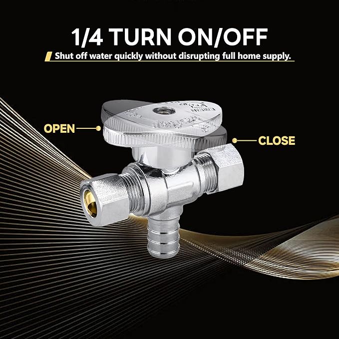 20-Pack Foskan Dual Outlet Angle Stop Valve,1/4 Turn Shut off Valve,1/2" PEX x 3/8" OD x 3/8" OD,Chrome Plated Brass