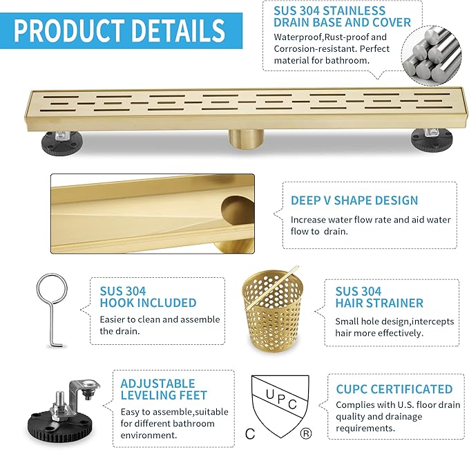 Linear Shower Drain, Brushed Gold Shower Drain 28 Inch with Removable Grate, SUS-304 Stainless Steel Rectangle Floor Drain with Leveling Feet and Hair Strainer, Bathroom Modern Drain SD-101
