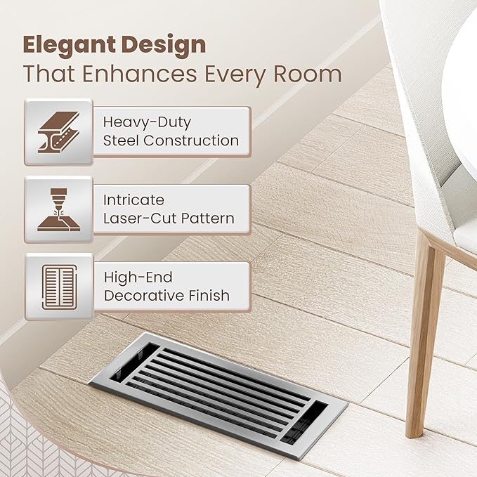 Floor Register 4x10 Vent Cover – 2 Pack – Heavy-Duty Steel, Rustproof & Walkable Grates, Drop-in Install, Adjustable Air Supply Switch - Decorative Straight Line Design, Brushed Nickel