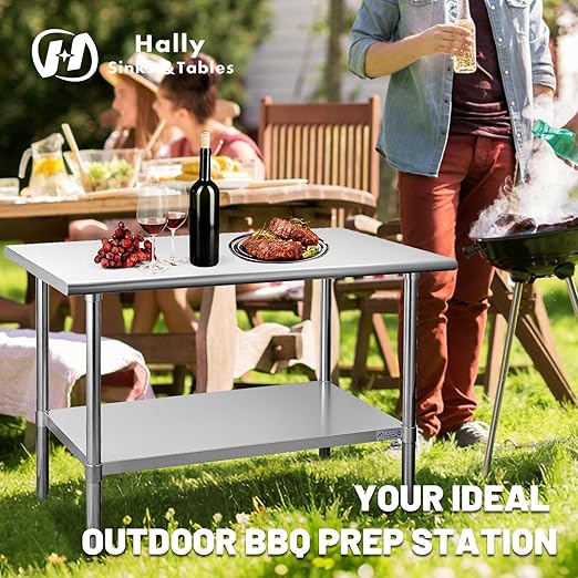 Hally Stainless Steel Table for Prep & Work 24 x 15 Inches, NSF Commercial Heavy Duty Table with Undershelf and Galvanized Legs for Restaurant, Home and Hotel