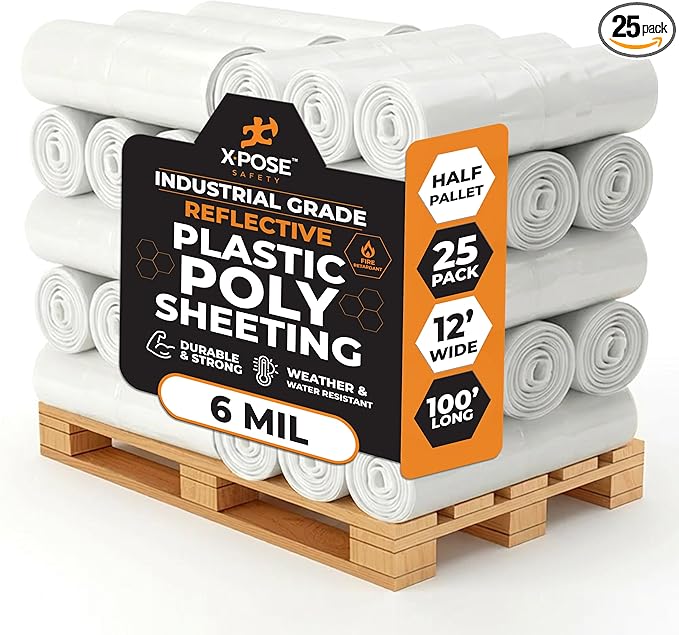 Xpose Safety Clear Plastic Sheeting (Bulk Half Pallet 25 Pack) – 12' x 100' Rolls – Heavy Duty 6 Mil Fire Retardant Poly Sheet – Waterproof, Dustproof, Vapor Barrier – Construction,Painting,Industrial