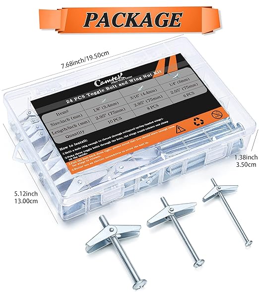 24PCS Toggle Bolt and Wing Nut Set, Hollow Wall Anchors Zinc Plated Carbon Steel, 3 Sizes (1/8'', 3/16'', 1/4''), Hangs Heavy Items on Drywall, Hollow Brick, Wood, Cement Fiberboard
