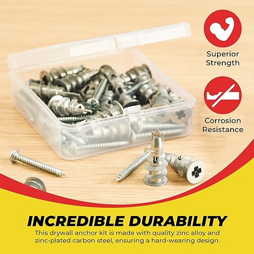Qualihome Zinc Self Drilling Drywall Anchor Hollow Wall Anchor Kit With Screws - Metal Self Drilling Drywall Anchors With Wide Screw Fins - #8 Zinc Drywall Anchors Heavy Duty (25 Pack)