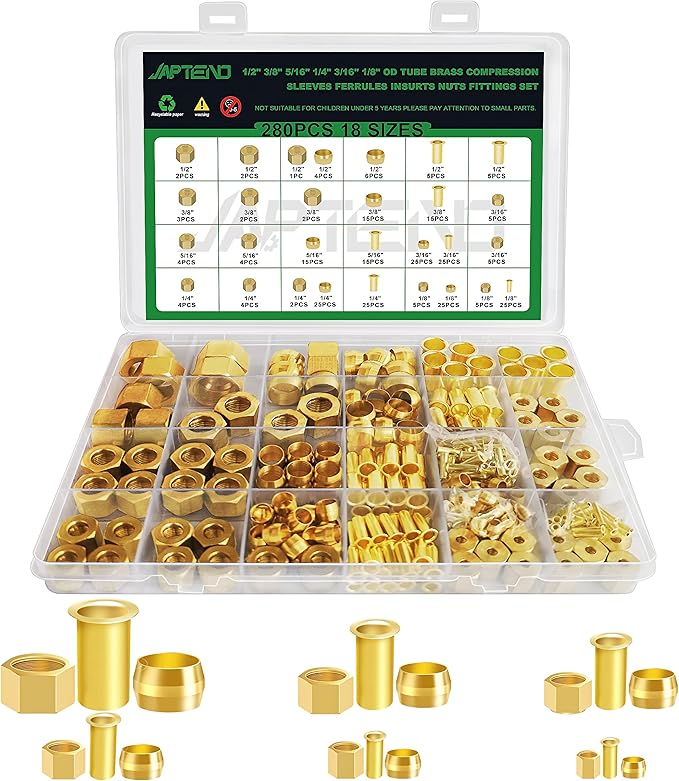 280pcs 1/2" 3/8" 5/16" 1/4" 3/16" 1/8" Brass Compression Sleeves Ferrules Inserts Nuts Fittings Assortment Kit, 6 Sizes Hose Repair Kit of Air Water Fuel Oil Gas Tube Lines