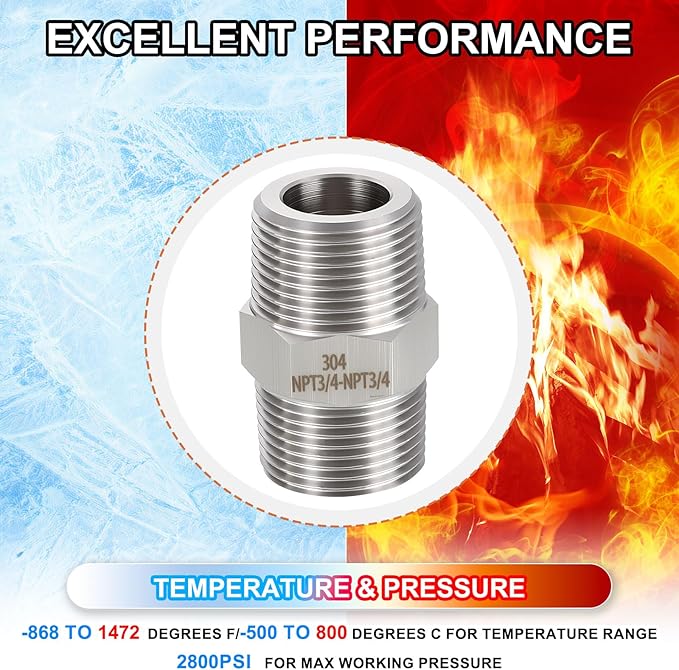 4 Pack 304 Stainless Steel Male to Male Adapter, 3/4" Male NPT x 3/4" Male NPT Hex Nipple Pipe Extension Fitting for Industrial, Automotive, Fluid Transfer, Home Gardening, Water