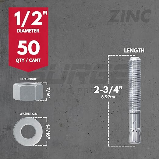 1/2" x 2-3/4" Zinc-Plated Wedge Anchors for Concrete and Cement | Heavy-Duty 1/2 Concrete Anchor Bolts (Box of 50)