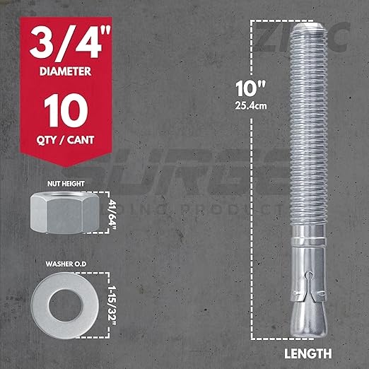 3/4" x 10" Zinc-Plated Wedge Anchors for Concrete and Cement | Heavy-Duty 3/4 Concrete Anchors (Box of 10)