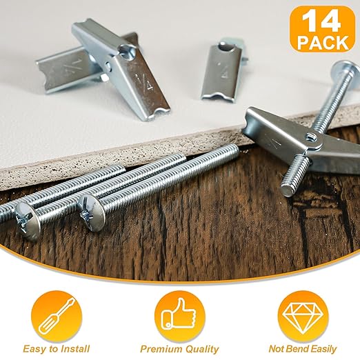 KURUI 1/4 Toggle Bolts for Drywall, 14Pcs Heavy Duty Metal Drywall Anchors Kit, Dry Wall Anchors and Screws Kit, Butterfly Anchors for Ceiling, Sheetrock, Hollow Wall