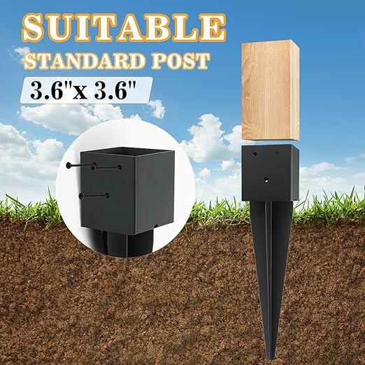 1 Pcs 4"x4" Fence Post Anchor Ground Spike,(Internal 3.6"x3.6"),Metal Post Stake Ground 16" with Black Powder-Coated,Fence Stakes Post Base for Deck,Fence,Porch,Railing,Mailbox.