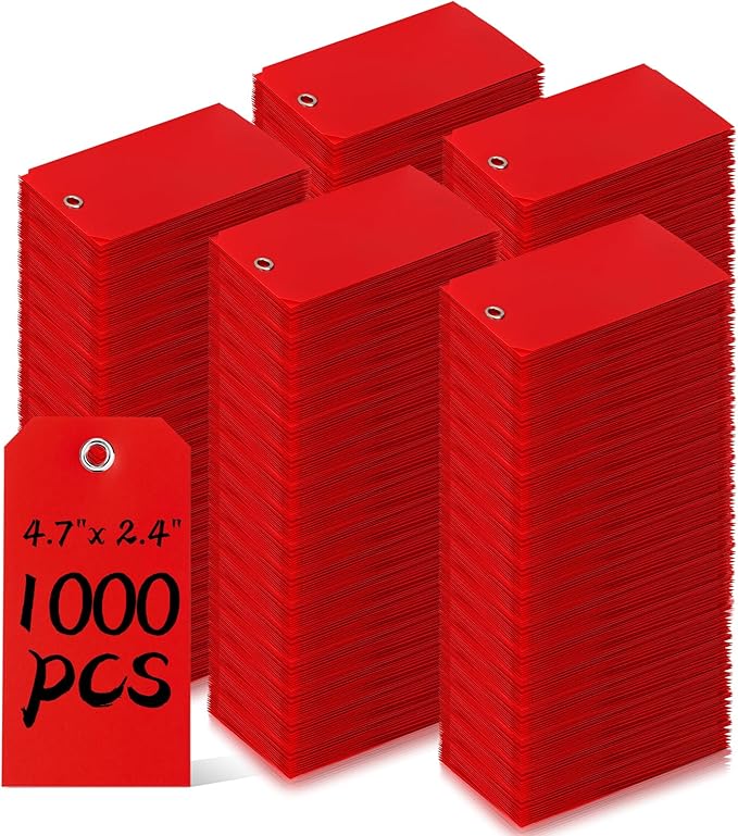 1000 Pieces 4 3/4" x 2 3/8" Plastic Shipping Tags Labeling Tags Waterproof Hang Tags with Reinforcement Hole Writable Luggage tag Loops for Equipment Car Parts… (Red)