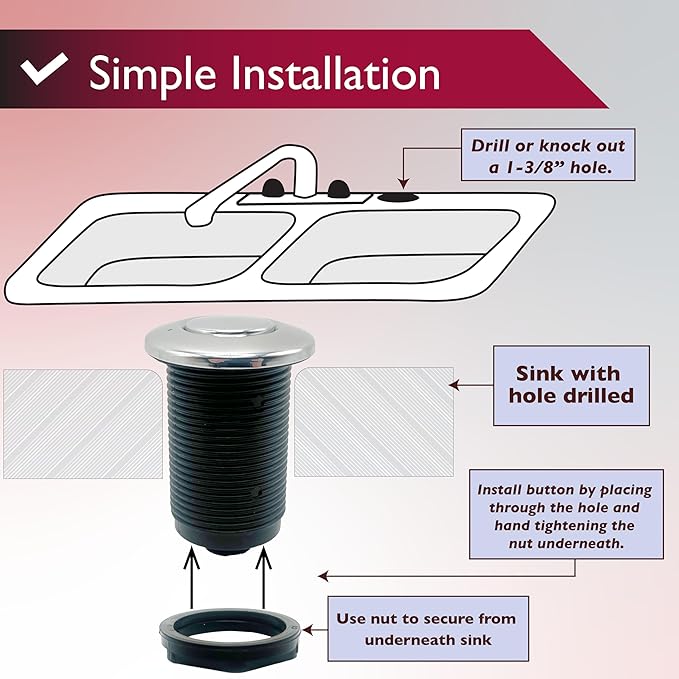 Disposal Air Switch Kit for Garbage Disposal Hands-Free On/Off Control UL Approved Includes 6' Air Tube 1-3/8" Air Button Safe & Convenient for Kitchen No Wiring Needed (Brushed Nickel)