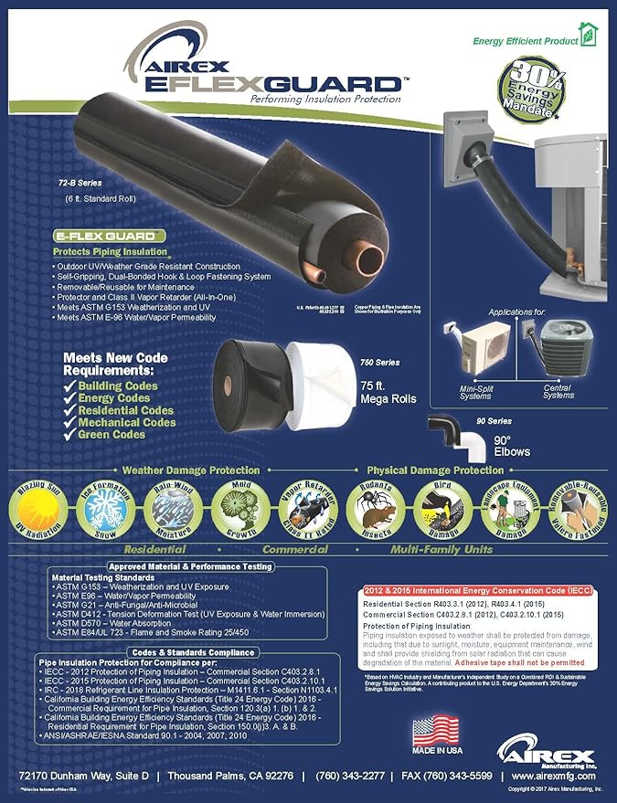 Airex Black 72E-B E-Flex Guard Insulation Protector for Refrigeration Piping Line Set Cover/Protector/Sleeve for 5/8", 3/4" or 7/8" Copper Tubing w/ 1/2" Wall Insulation (6 Feet) Removable & Reusable